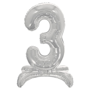 Шар (32''/81 см) Цифра на подставке, 3, Серебро, 1 шт. в уп.