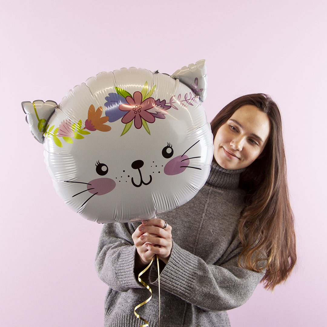 Шар (23''/58 см) Фигура, Котенок в цветах, Белый, 1 шт.