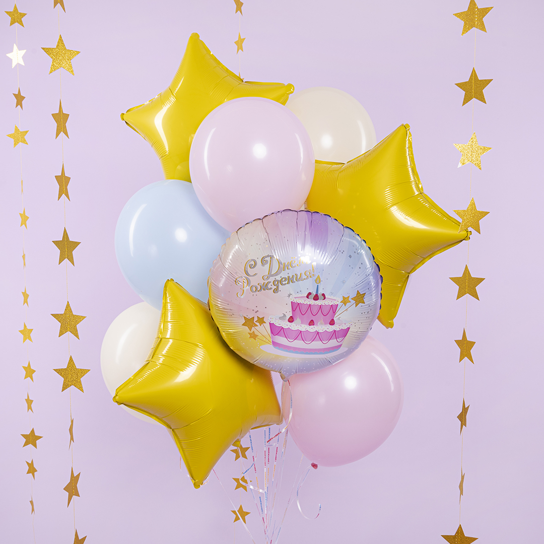 Шар (18''/46 см) Круг, С Днем Рождения! (тортик), 1 шт. в уп.