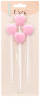 Свечи Сердце, на шпажке, Розовый, 2,5*3 см, 4 шт. с держат.