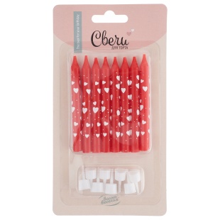 Свечи Белые сердечки, Красный, 0,7*8 + 1 см, 8 шт. с держат.