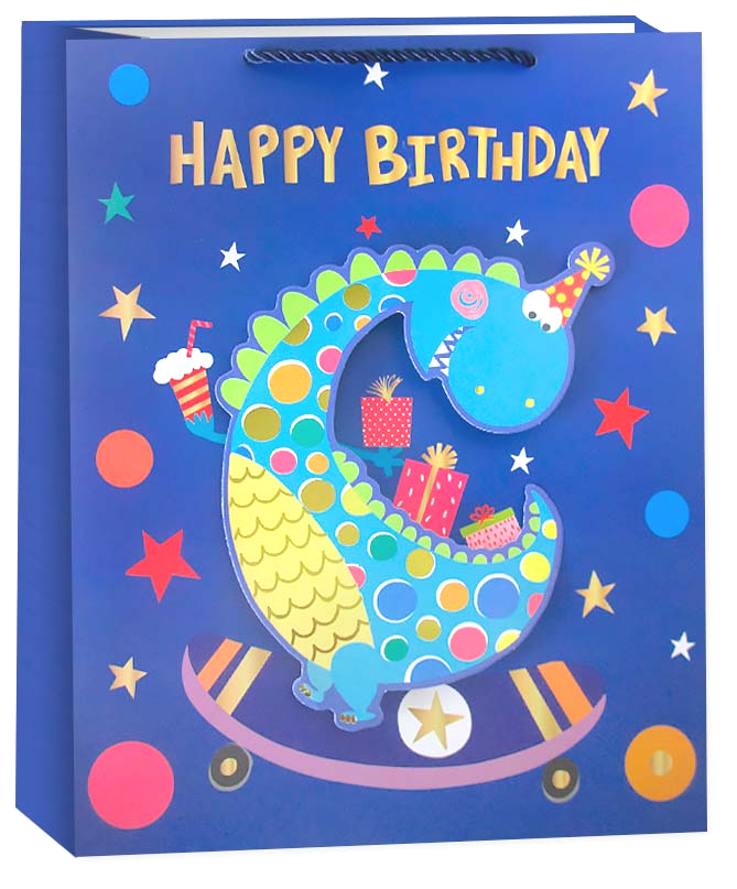 Пакет подарочный, 210гр, Happy Birthday, Детский праздник, Дизайн №3, Синий, Металлик, 32*26*12 см, 
