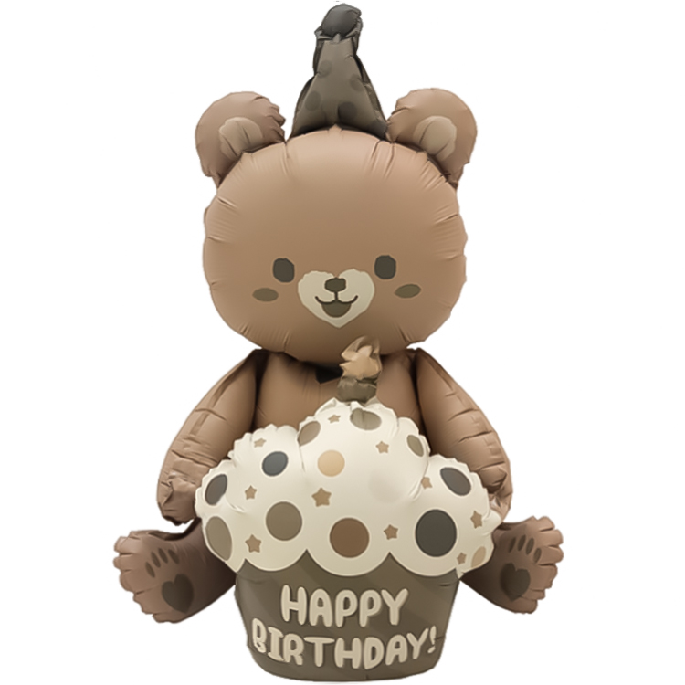 Шар 3D (23''/58 см) Фигура, Мишка с капкейком, Бежевый, Сатин, 1 шт. в уп.