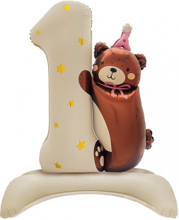 Шар (35''/89 см) Цифра на подставке, 1 Годик, Мишка в розовом колпачке, Бежевый, Сатин, 1 шт. в уп.