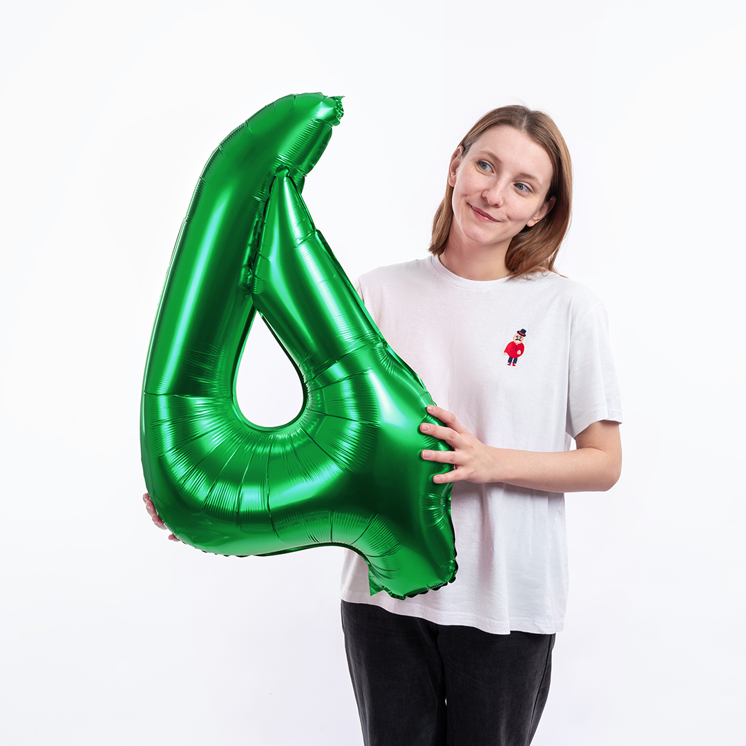 Шар (40''/102 см) Цифра, 4, Зеленый, Металлик, 1 шт. в уп.