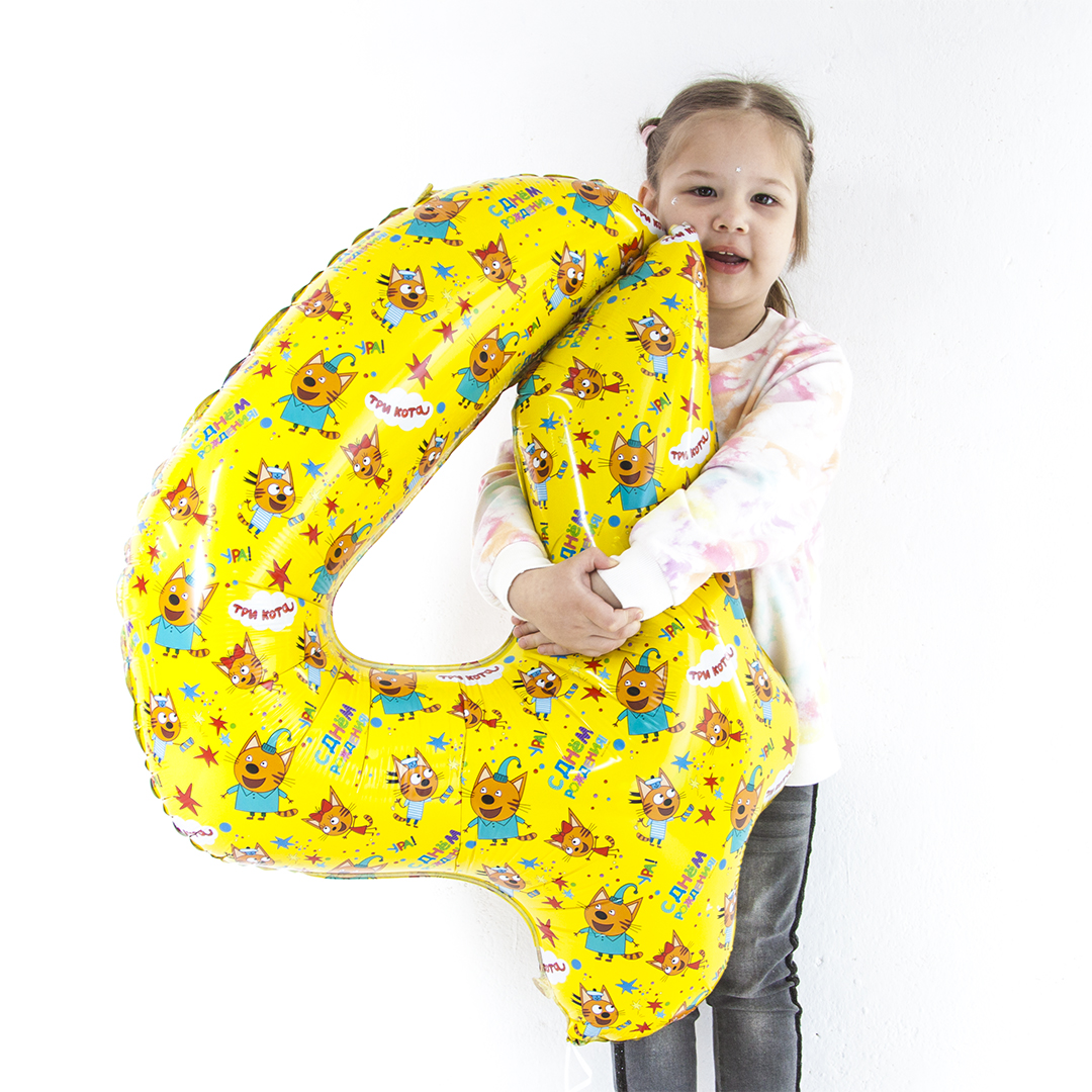 Шар (34''/86 см) Цифра, 4 Три Кота, Желтый, 1 шт. в уп.
