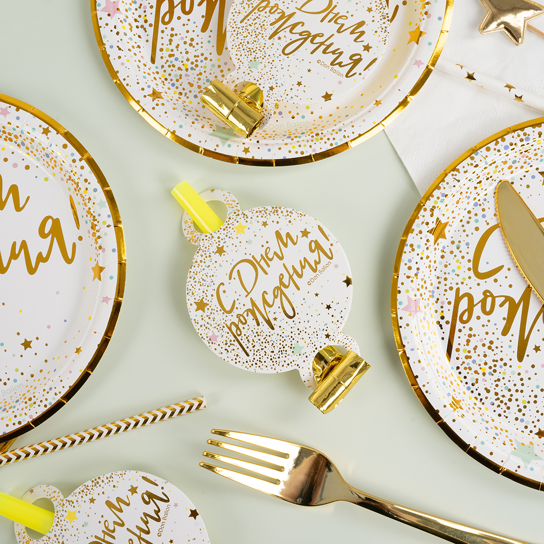 Карнавальные язычки гудки, С Днем Рождения (сверкающие блестки), 11 см, 6 шт. в упак. 