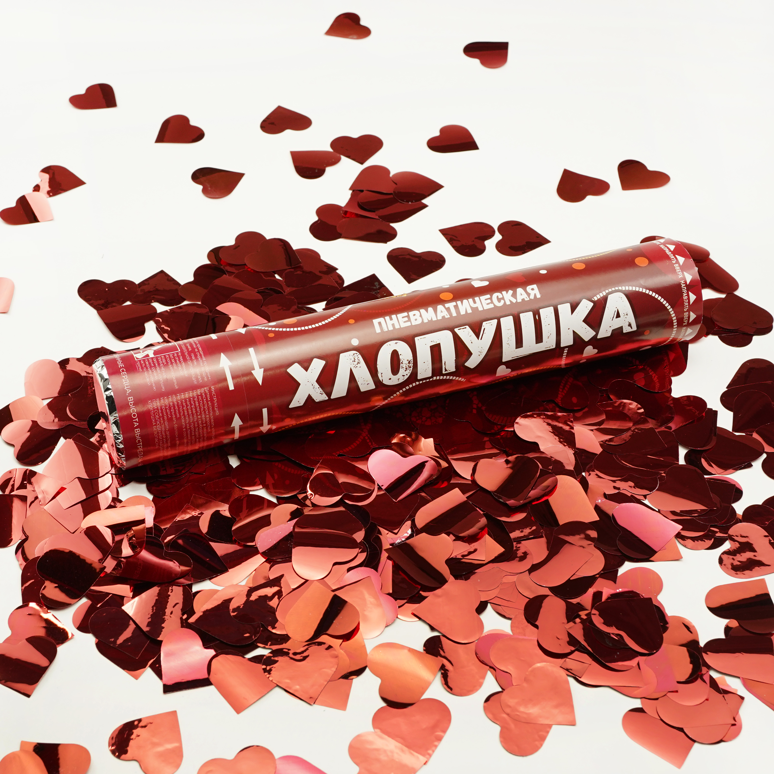 Пневмохлопушка (12/30 см), Романтика, Сердца фольга, Красный, Металлик, 1 шт.