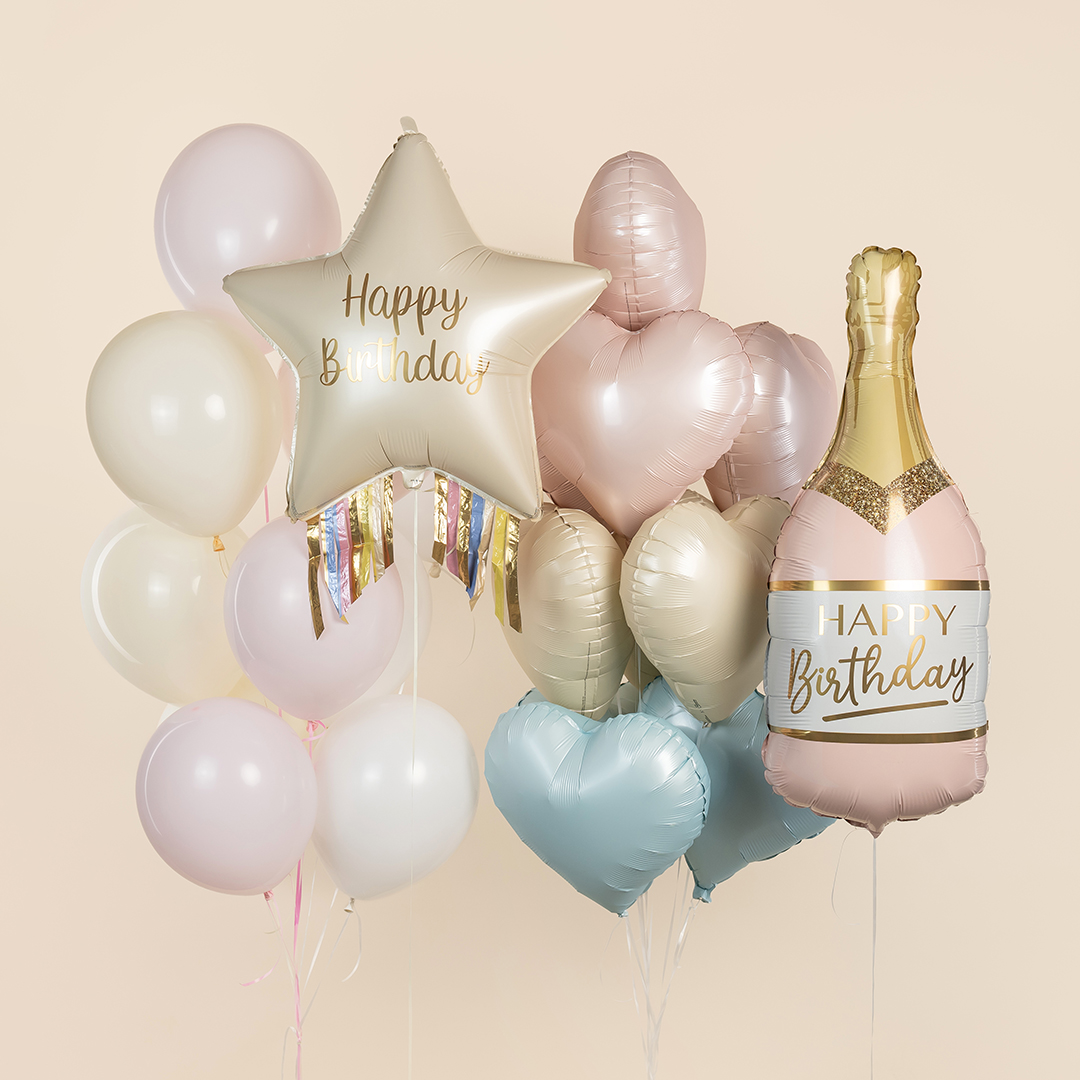 Шар (32''/81 см) Фигура, Бутылка Шампанское, Happy Birthday, Розовый, Сатин, 1 шт. в уп.