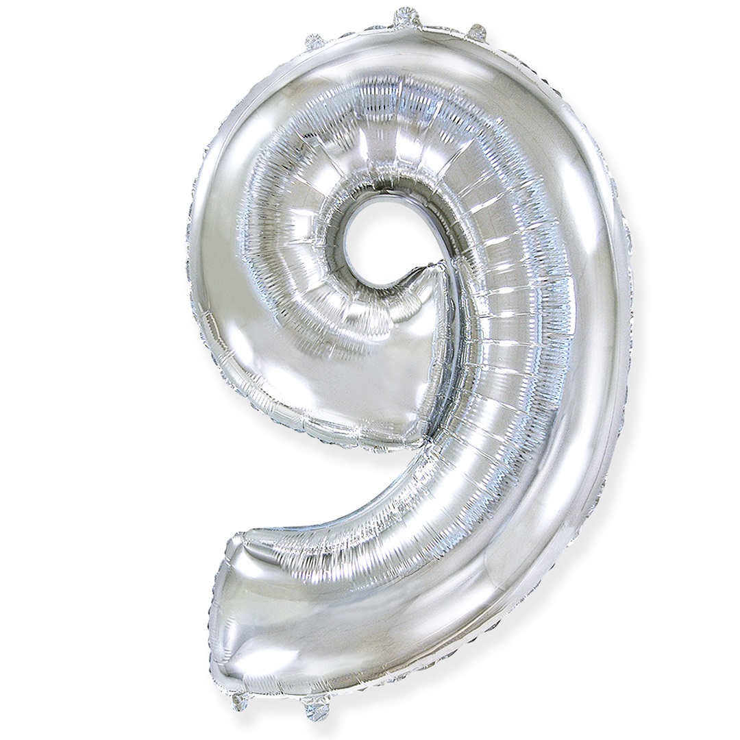 Шар (40''/102 см) Цифра, 9, Серебро, 1 шт. в уп.