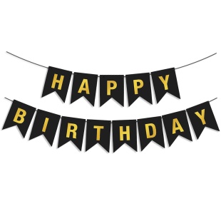 Гирлянда Флажки, Happy Birthday, Черный/Золото, Металлик, 500 см, 16*12 см, 1 упак.