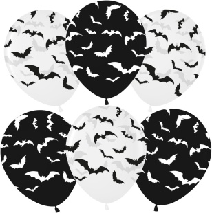Шар (12''/30 см) Летучие мыши, Ночь Хэллоуина, Черный/Прозрачный, кристалл, 5 ст, 25 шт.