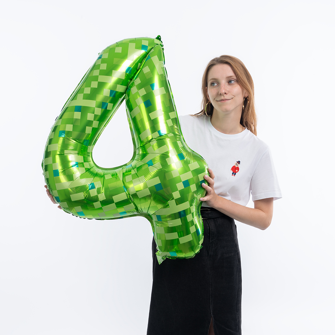 Шар (40''/102 см) Цифра, 4 Пиксели, Зеленый, 1 шт. в уп.