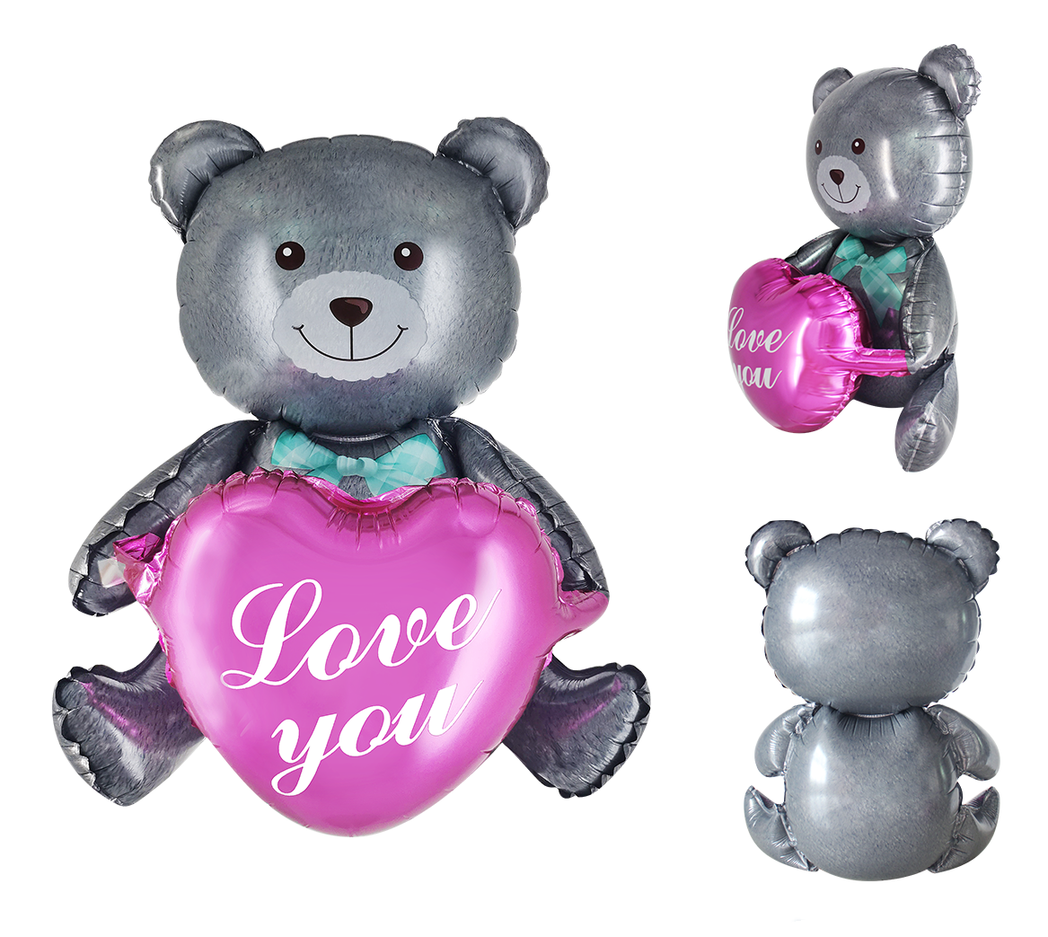 Шар 3D (30''/76 см) Фигура, Сидячий мишка с сердцем, Серый, 1 шт. в уп.