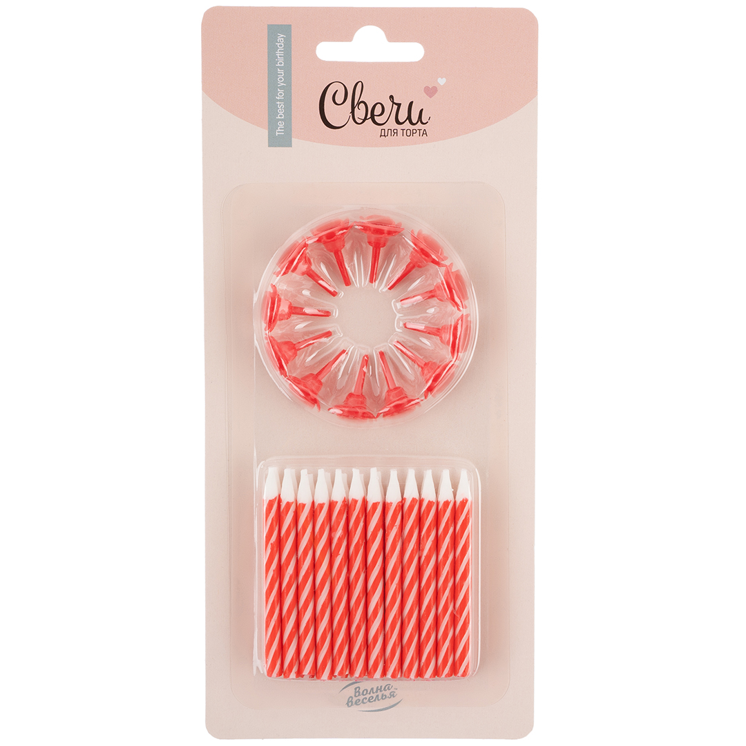 Свечи Белые полоски, Красный, 6 см, 24 шт. с держат.