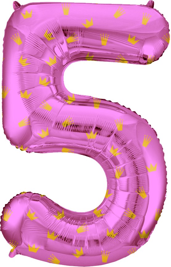 Шар (34''/86 см) Цифра, 5 Золотые короны, Розовый, 1 шт. в уп.