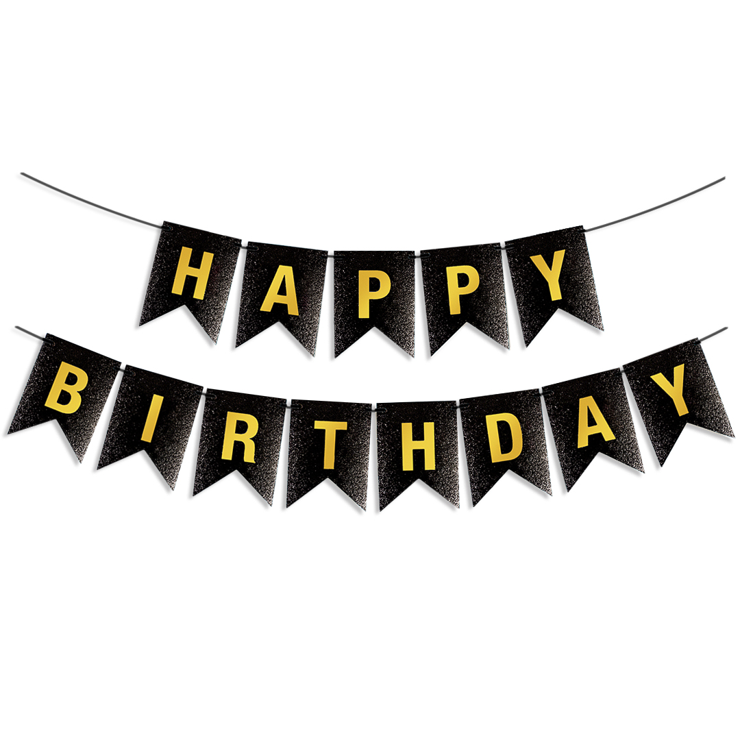 Гирлянда Флажки, Happy Birthday, Черный/Золото, Металлик, с блестками, 350 см, 17*12 см, 1 упак.