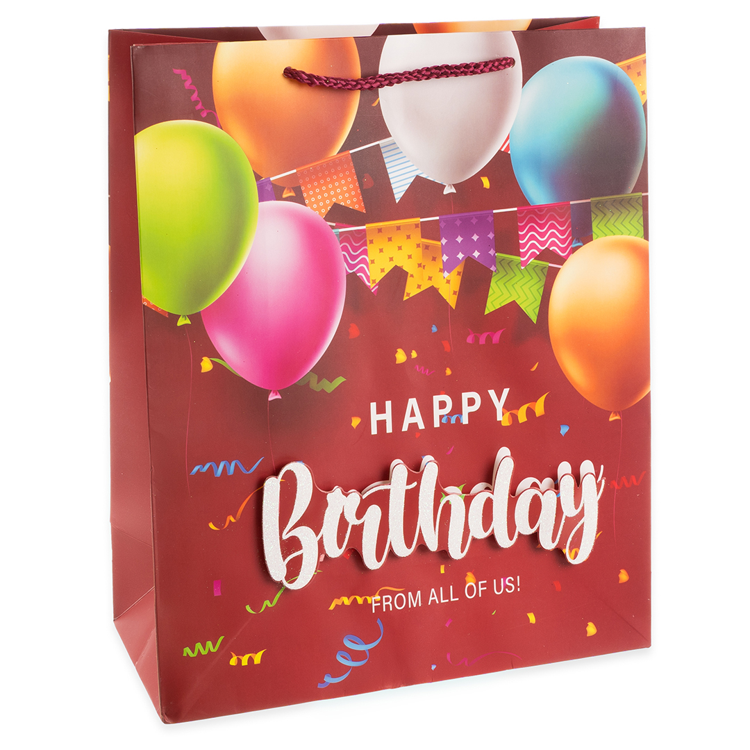 Пакет подарочный 3D, Happy Birthday To You, Дизайн №4, Красный, с блестками, 32*26*12 см, 1 шт.