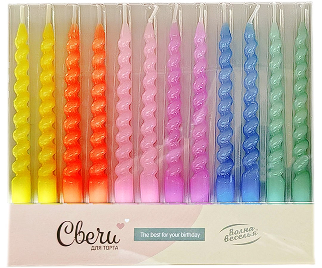 Свечи Яркие спирали, Ассорти, 0,7*8 см, 12 шт.