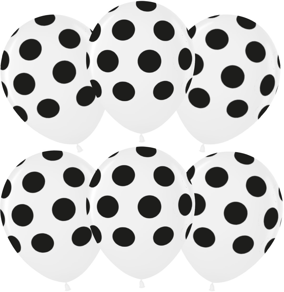 Шар (12''/30 см) Черные точки, Белый, пастель, 5 ст, 25 шт.