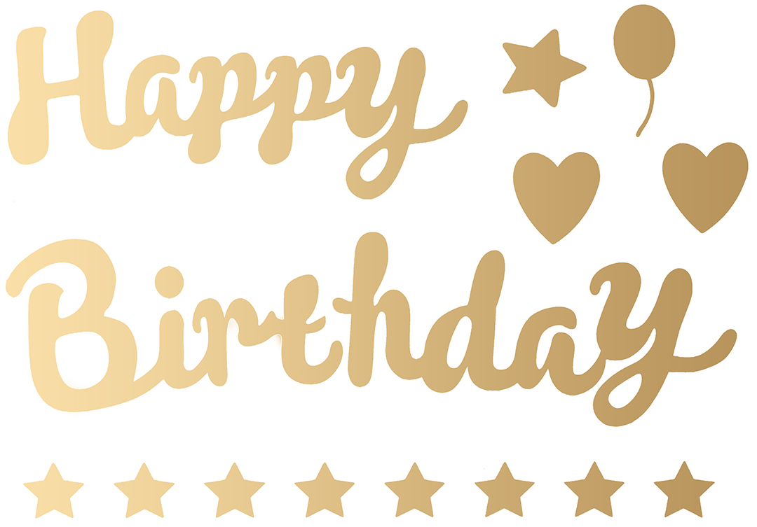 Наклейка Happy Birthday (звездопад), 19,5*27 см, Золото, Металлик, 1 шт.