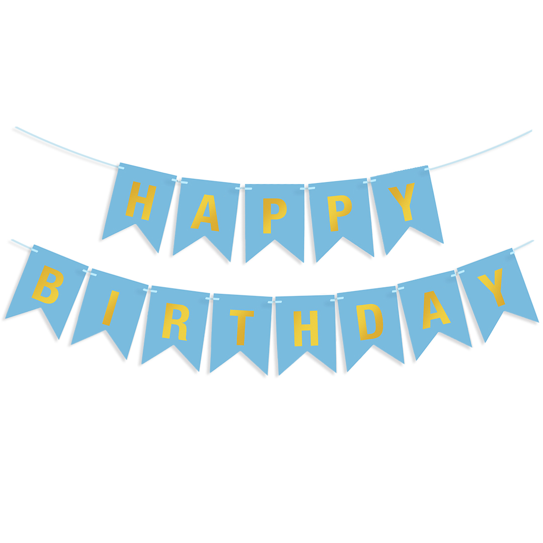 Гирлянда Флажки, Happy Birthday, Ярко-голубой/Золото, Металлик, 500 см, 16*12 см, 1 упак.