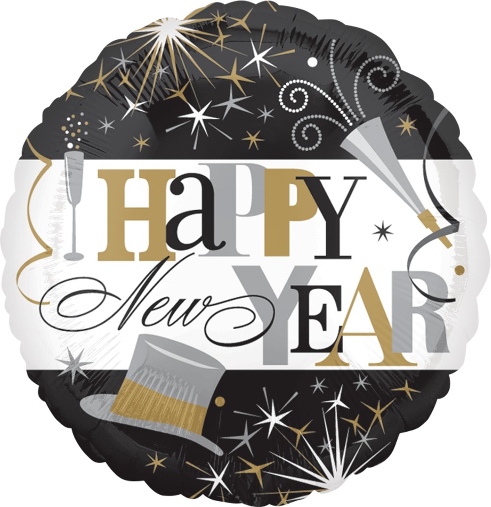 Шар (18''/46 см) Круг, Happy New Year (праздничные искры), Черный/Белый, 1 шт.