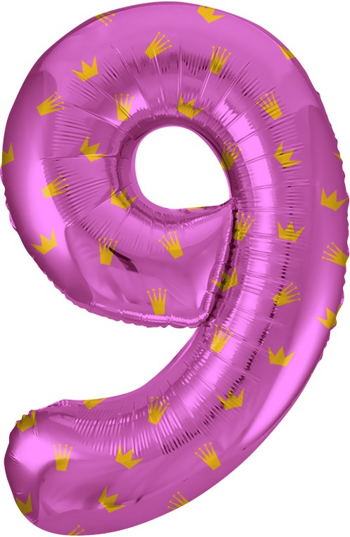 Шар (34''/86 см) Цифра, 9 Золотые короны, Розовый, 1 шт. в уп.