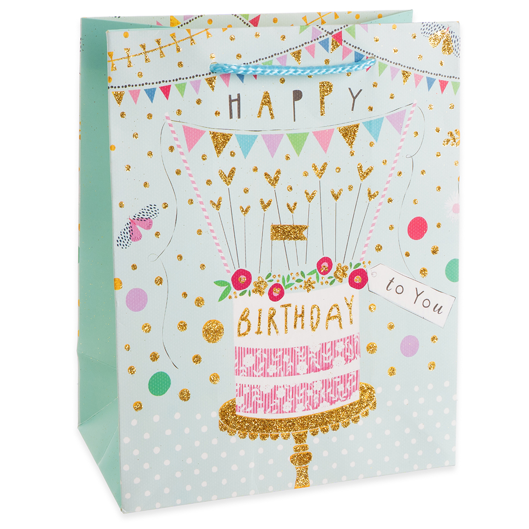 Пакет подарочный, Happy Birthday, Лето, Дизайн №3, с блестками, 23*18*10 см, 1 шт.