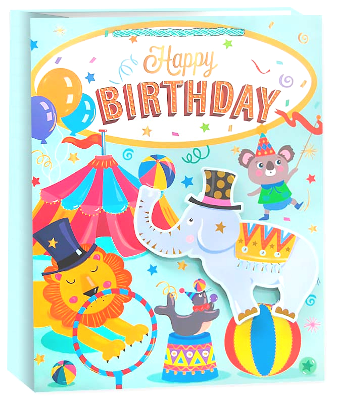 Пакет подарочный 3D, Happy Birthday, Детский праздник, Дизайн №2, Металлик, 32*26*12 см, 1 шт.