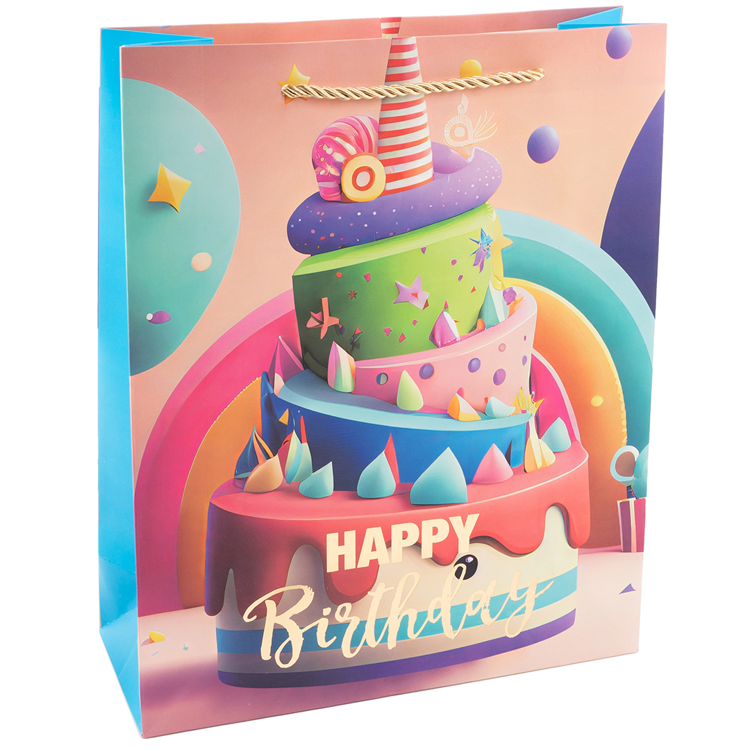 Пакет подарочный, Happy Birthday, Праздничный микс, Дизайн №1, Металлик, 23*18*10 см, 1 шт.