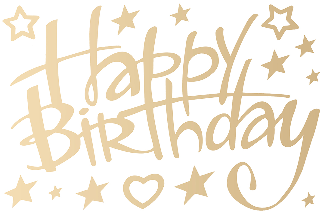 Наклейка Happy Birthday (сверкающие звезды), 19,5*30 см, Золото, Матовый, 1 шт.