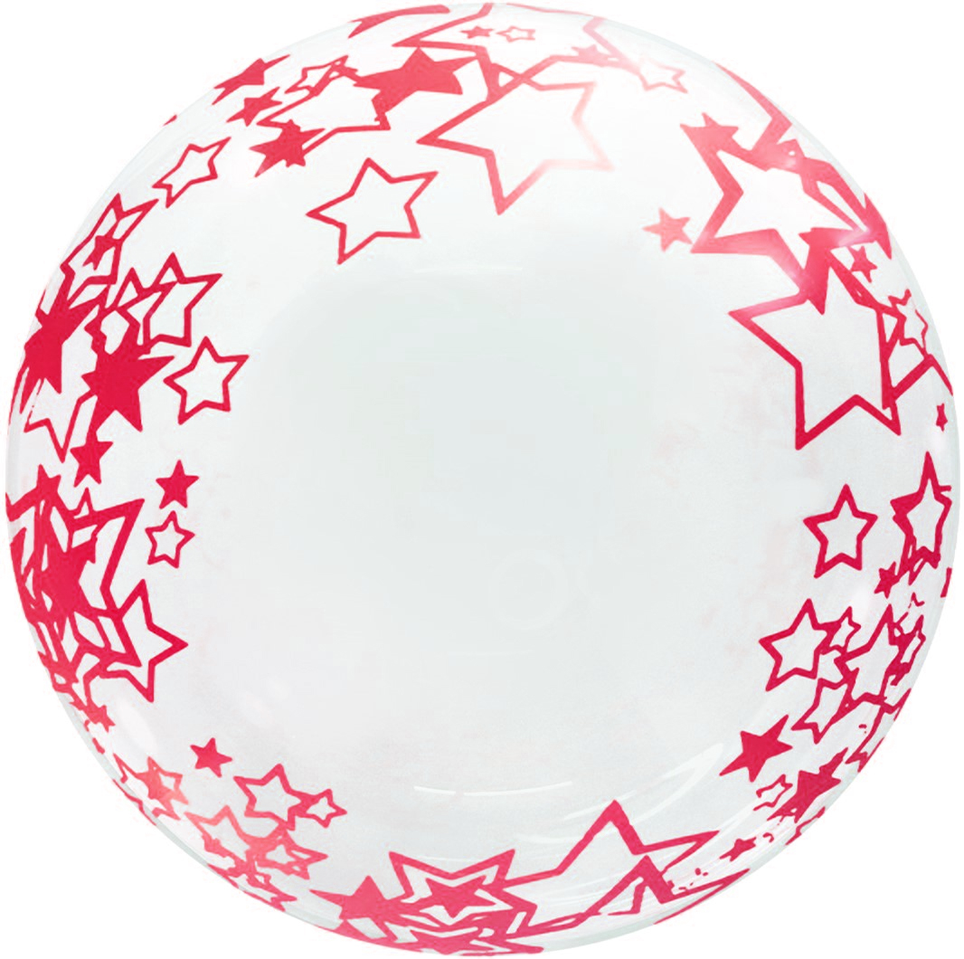 Шар (18''/46 см) Сфера, Deco Bubble, Красные звезды, Прозрачный, Кристалл, 1 шт. в уп.