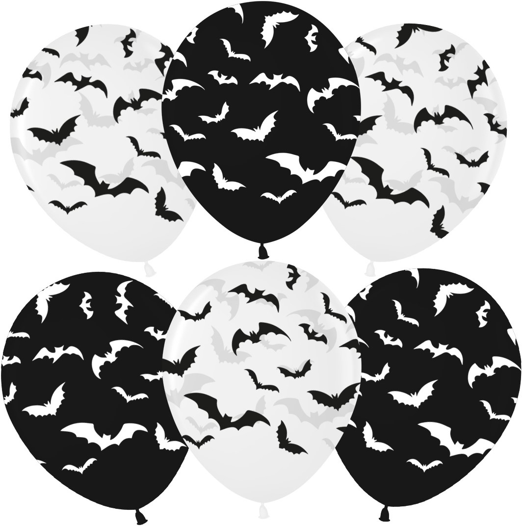 Шар (12''/30 см) Летучие мыши, Ночь Хэллоуина, Черный/Прозрачный, кристалл, 5 ст, 25 шт.